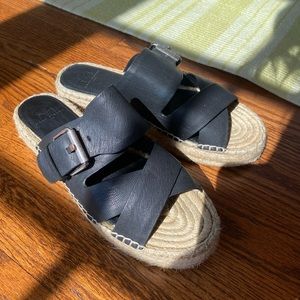 Marc Fisher black leather and espadrille slides size 7